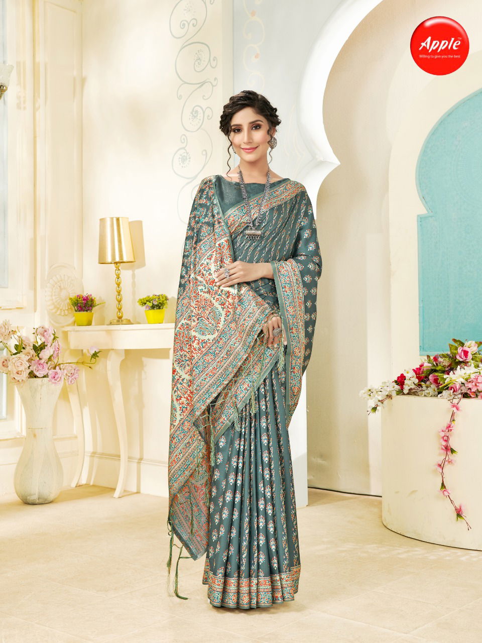 Apple Kashmiri Premium 5 Designer Latest Fancy Festive Wear Digital Printed Pashmina Silk Saree Collection
